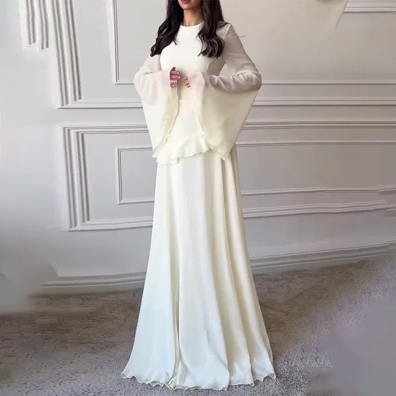 Women Chiffon Solid Ruffled Dress Flare Sleeve Round Neck 2025 New Elegant Maxi Gown Evening Party Fashion Holiday Lady