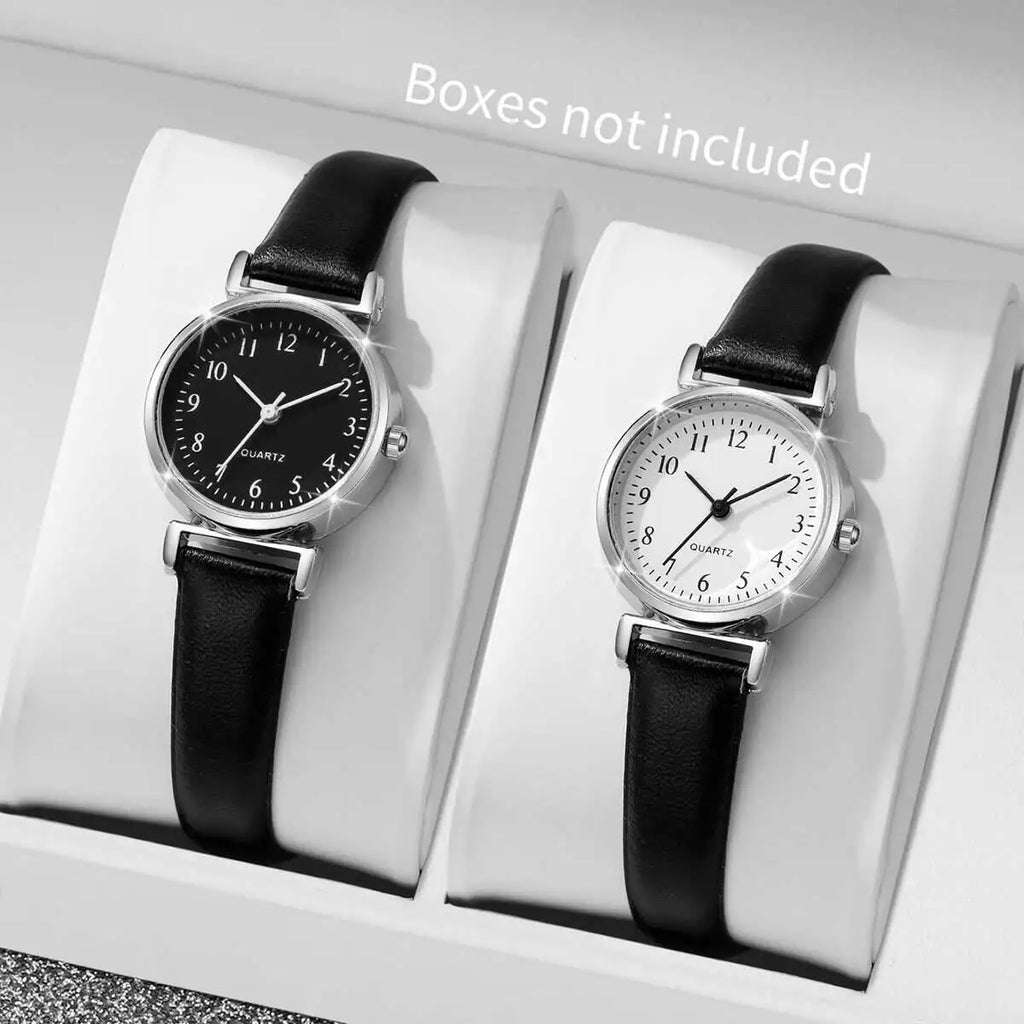 2PCS Fashion Women Quartz Watches Set Simple Small Dial Leather Strap Watch for Girls Reloj Mujer（Without Box）