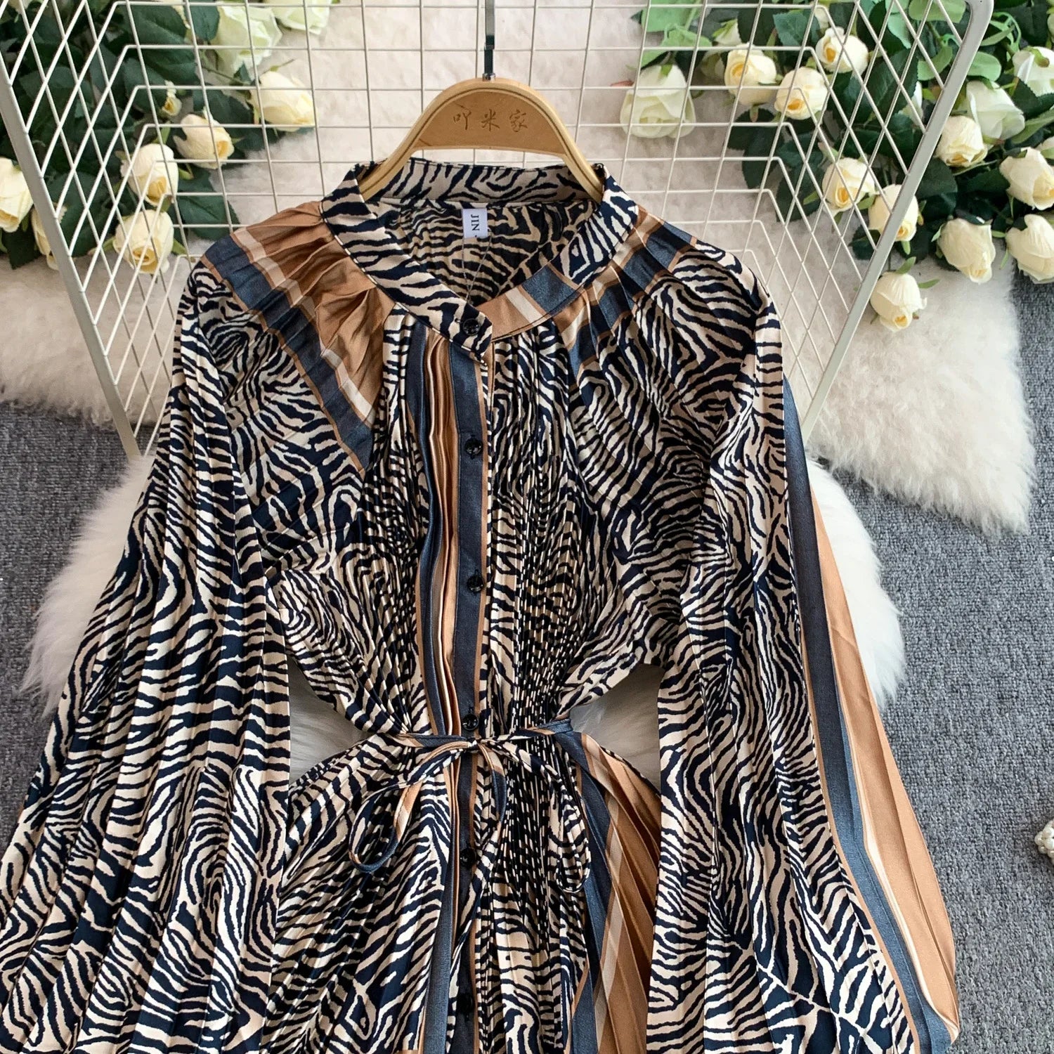 Printed round Ne Lantern Sve Dr Women's Single Button Waist Cinch Maxi Skirt Long Dr Commute Sle Autumn