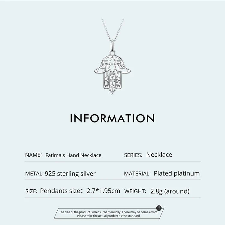 925 Sterling Silver Guardian Fatima's Hand Pendant Necklace Flower Pattern Neck Chian for Women Platinum Plated SCN490