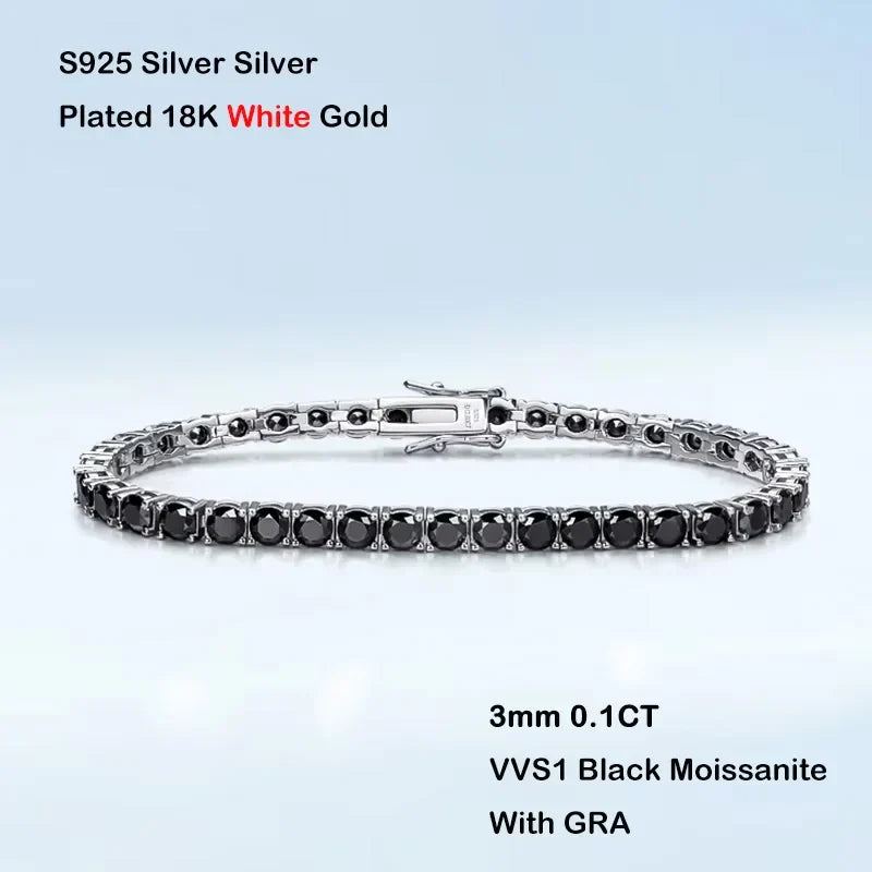 GRA Certified 3mm 0.1CT Gradient Color Black Grey White Moissanite Tennis Bracelet for Men Woman 925 Silver Link Bracelets