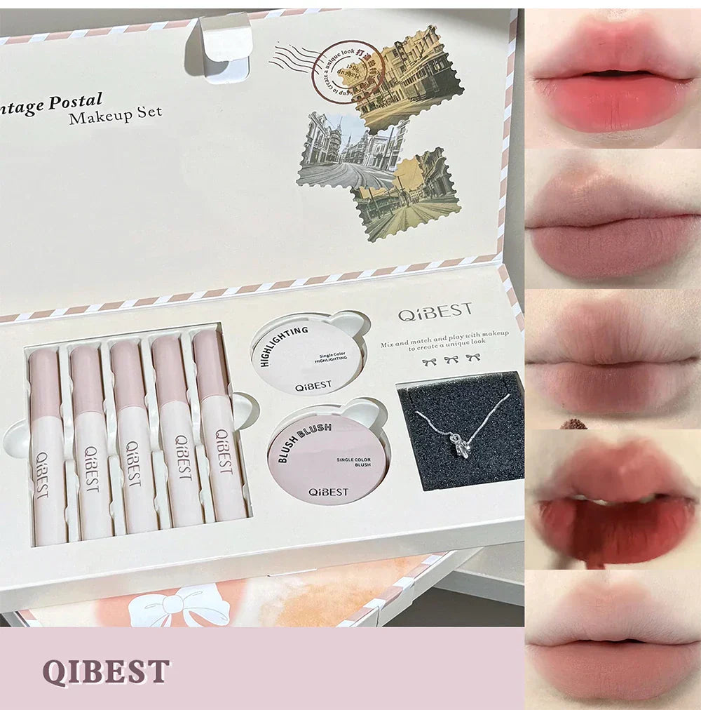 Retro Mail Makeup Set 5pc Matte Lip Mud,1 Blush,1 Highlight And 1 Necklace Gift Multipurpose Cosmetics Kits For Women