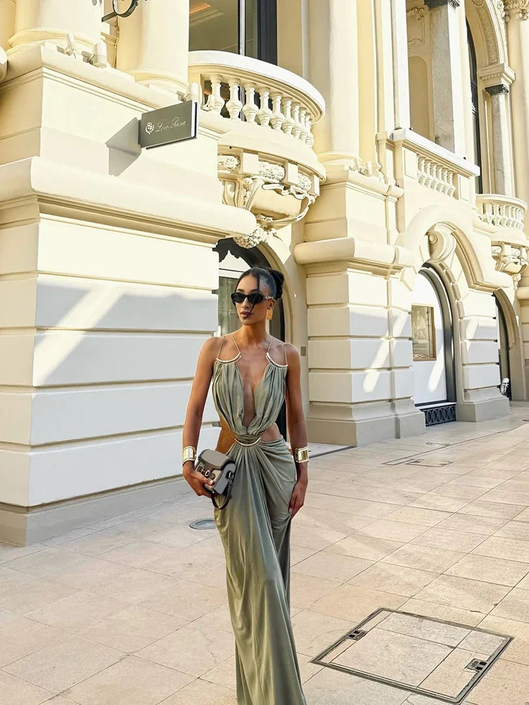 Women's Metal Trim Spaghetti Strap Maxi Dress Sexy Deep V Cutout Waist Crisscross Backless Vestidos Beach Evening Party Gown