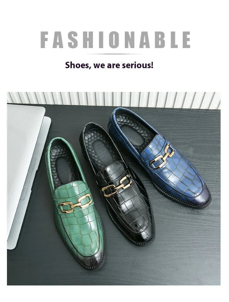 46 plus-size Metal Pressed Floral Loafers 2024 new merchant leather shoes men's casual pressed plaid leather pointy