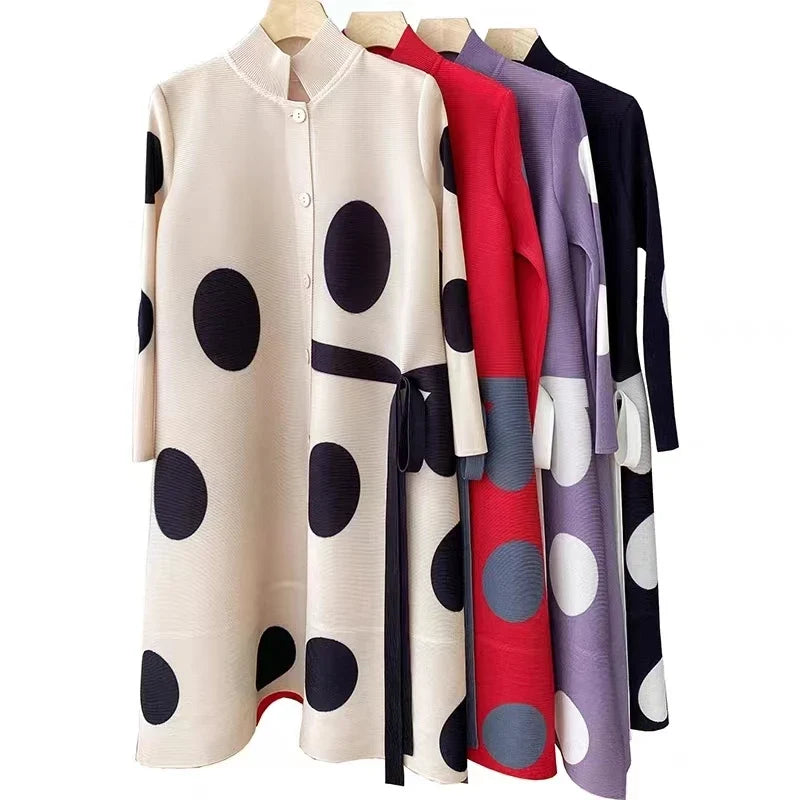 Pleated Dot Printing Dress 2025 Autumn Single Breasted Plus Size Drawstring Elegant Streetwear Festival Women Clothing