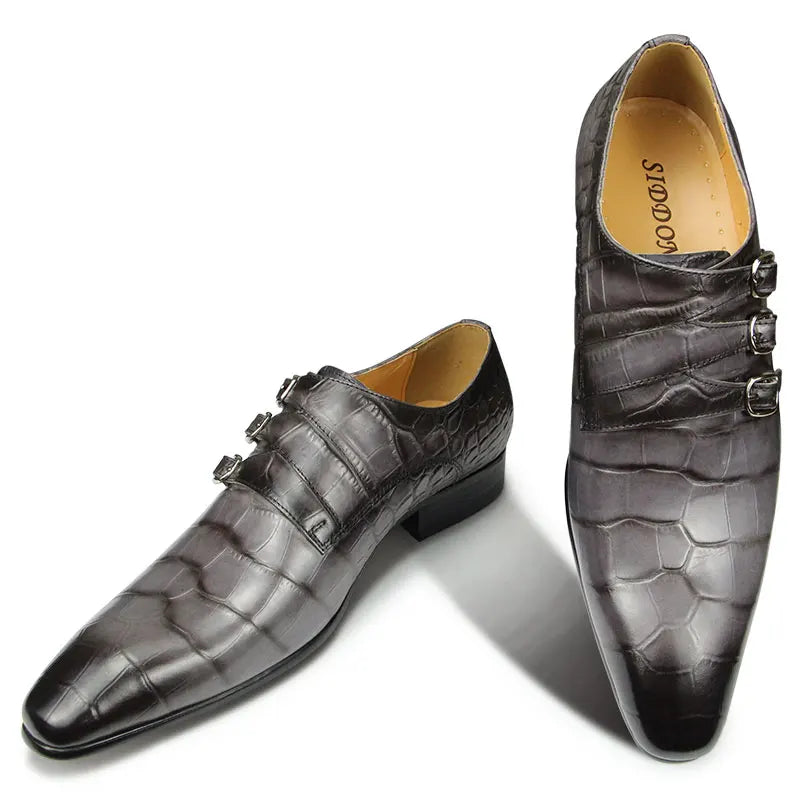 Fashion Business Men Leather Shoes Crocodile Print Wedding Party Office High Grade Genuine Leather Shoes Grey Pointed Toe Loafer