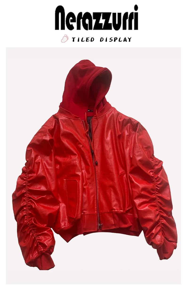 Autumn Winter Oversized Cool Black Thickened Warm Pu Leather Jacket Men Hood Luxury Designer Fake 2 Clothes