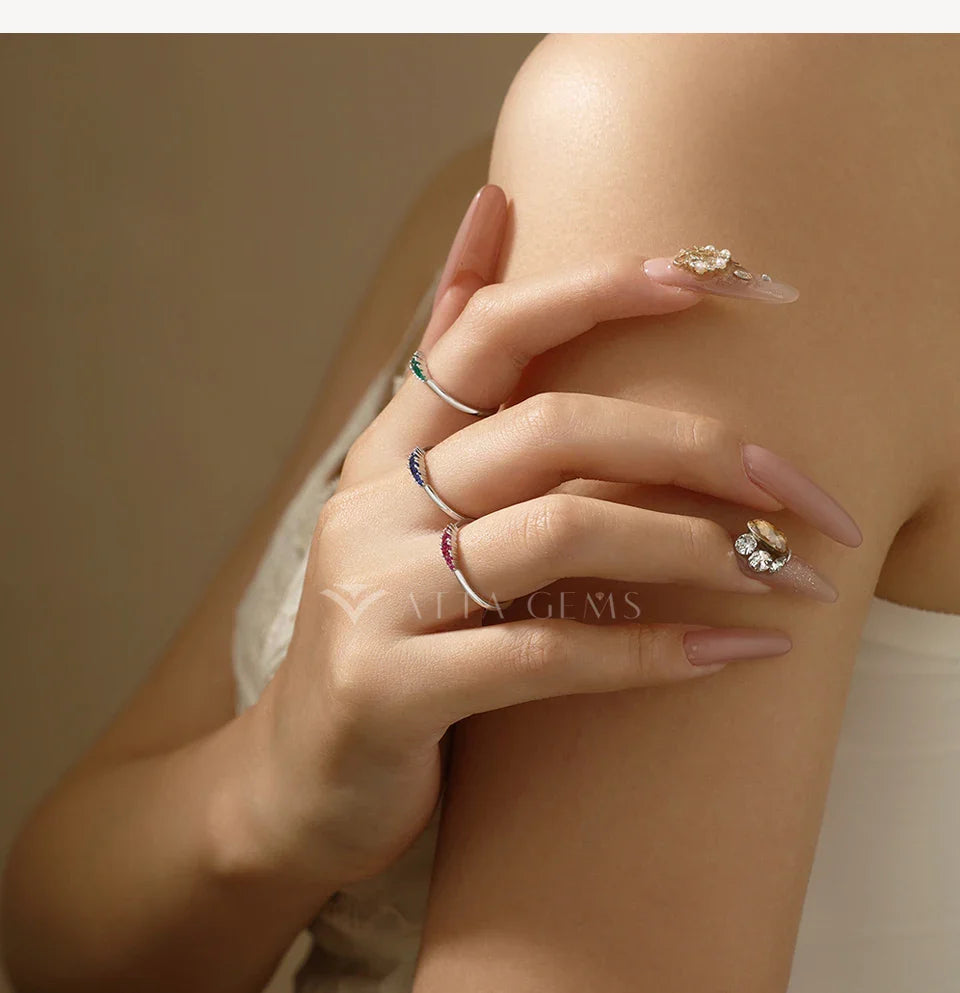 S925 Silver Ruby Women Ring Sapphire Men's Ring Minimalist Graduated Emerald Stackable Band May Birthstone Jewelry Gift