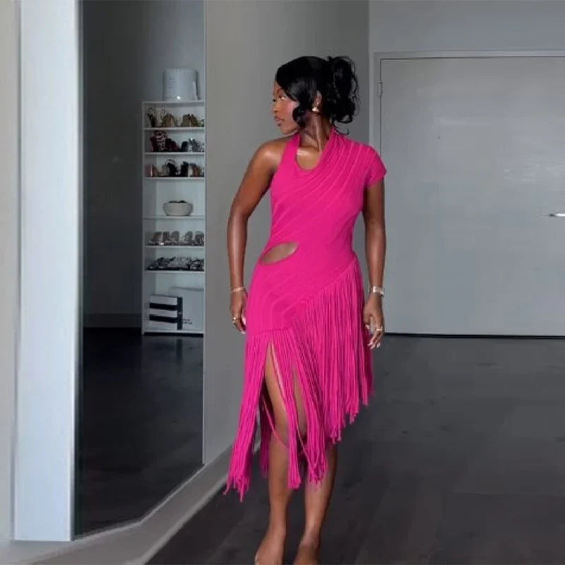 Women's summer Trend Sexy Fringe Pure Color Skirt Irregular Cut Backless Sleeveless Party Dresses Stylish Date Club Evening Gown