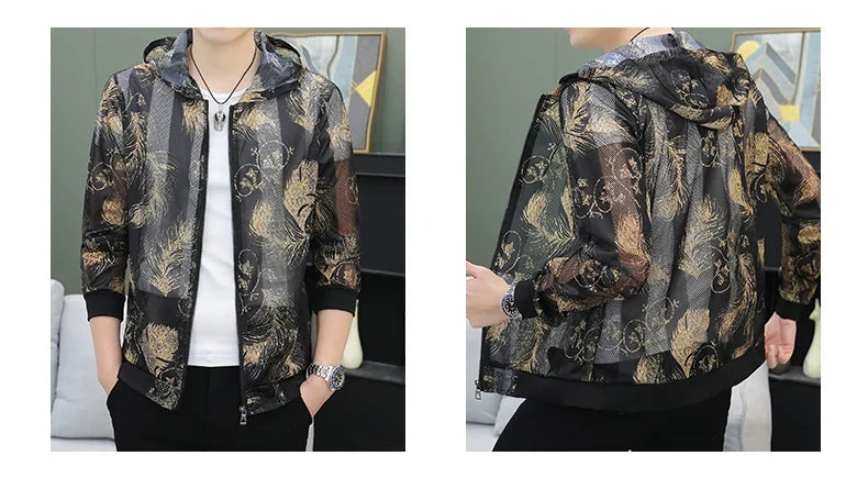 Men's Summer Mesh Sun Protection Clothing Trendy Stripe Print Ice Silk Cool Feeling Breathable Quick Dry Hooded Jacket