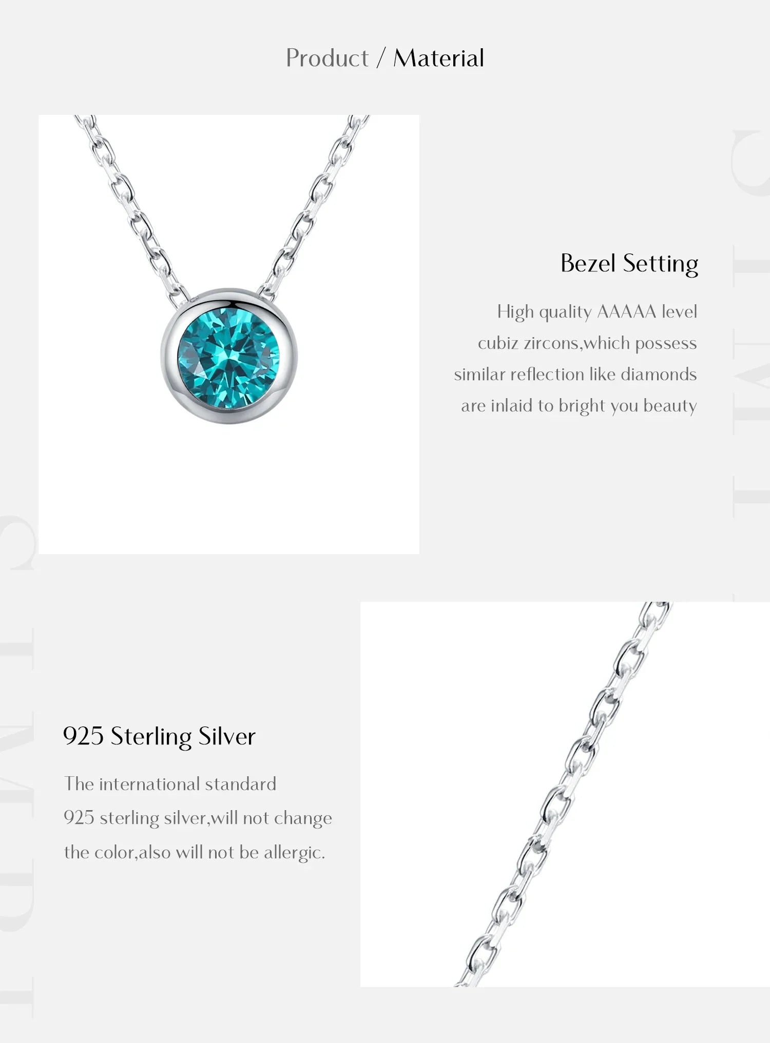 925 Sterling Silver Teal Round Zirconia Pendant Necklace White Gold Plated Neck Link Chain For Women Party Jewelry Gift