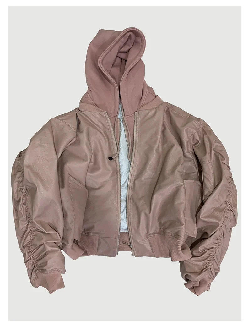 Autumn Winter Cool Handsome Oversized Brown Thickened Warm Leather Jacket Men with Hood Fake 2 Piece European Clothes
