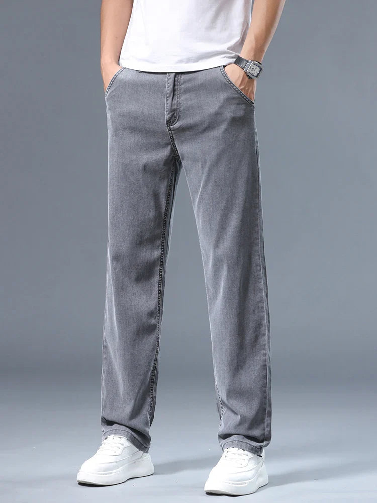 Summer Thin Men's Loose Straight Jeans Lyocell Soft Drape Business Casual Trousers Classic Smoke Gray Brand Ice Silk Pants