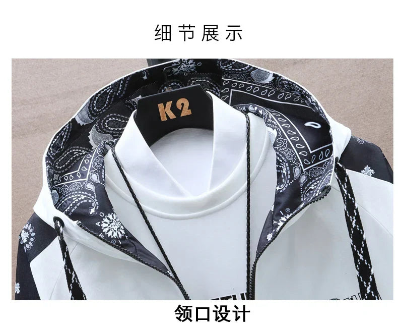 Spring Men Sportswear Tracksuit 2 Piece Running Sets Sports Hooded Jacket+Pant Sweatsuit Male Print Clothing Streetwear