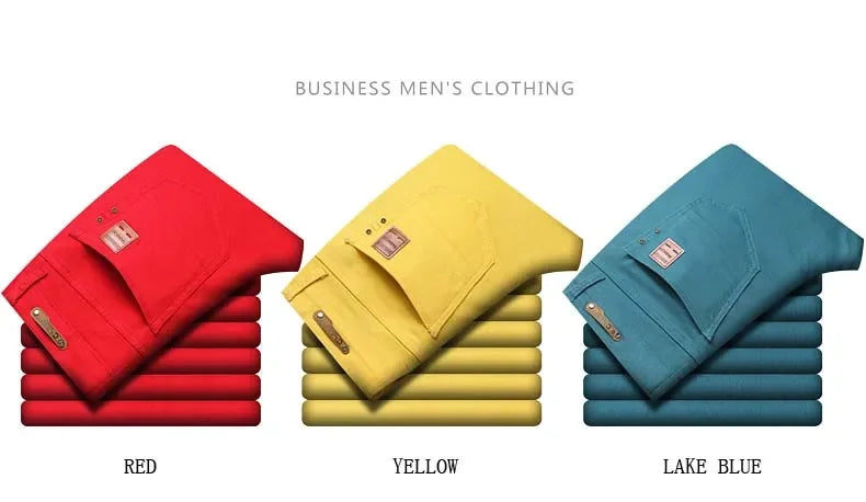 2024 Autumn New Men's Stretch Fit Jeans Bright Trendy Denim Straight-leg Trousers Male Red Lake Blue Yellow Trousers