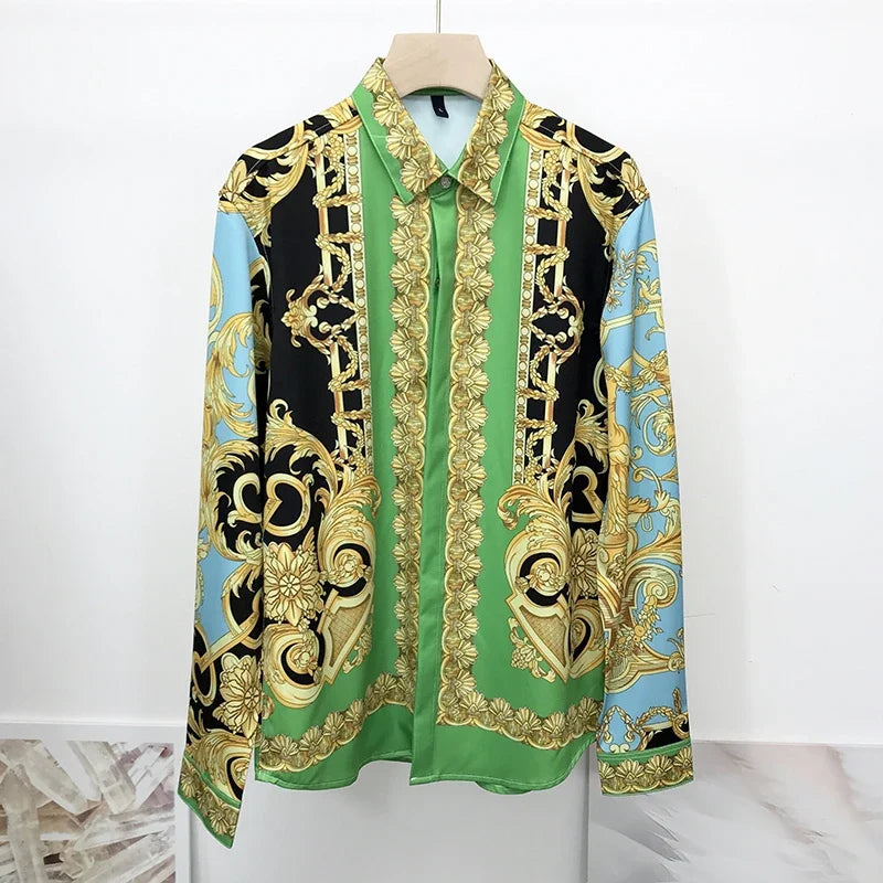 Casual Gold Retro Print Shirt Summer Men's Long Sleeve Shirt 3D Printed Lapel Shirt Men's and Women's Fashion Shirt Long Sleeve