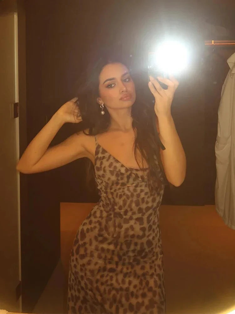 Leopard Print Dress Woman Summer Sexy Swing Collar Spaghetti Straps Backless Ruffles Party Clubwear Skinny Vestidos