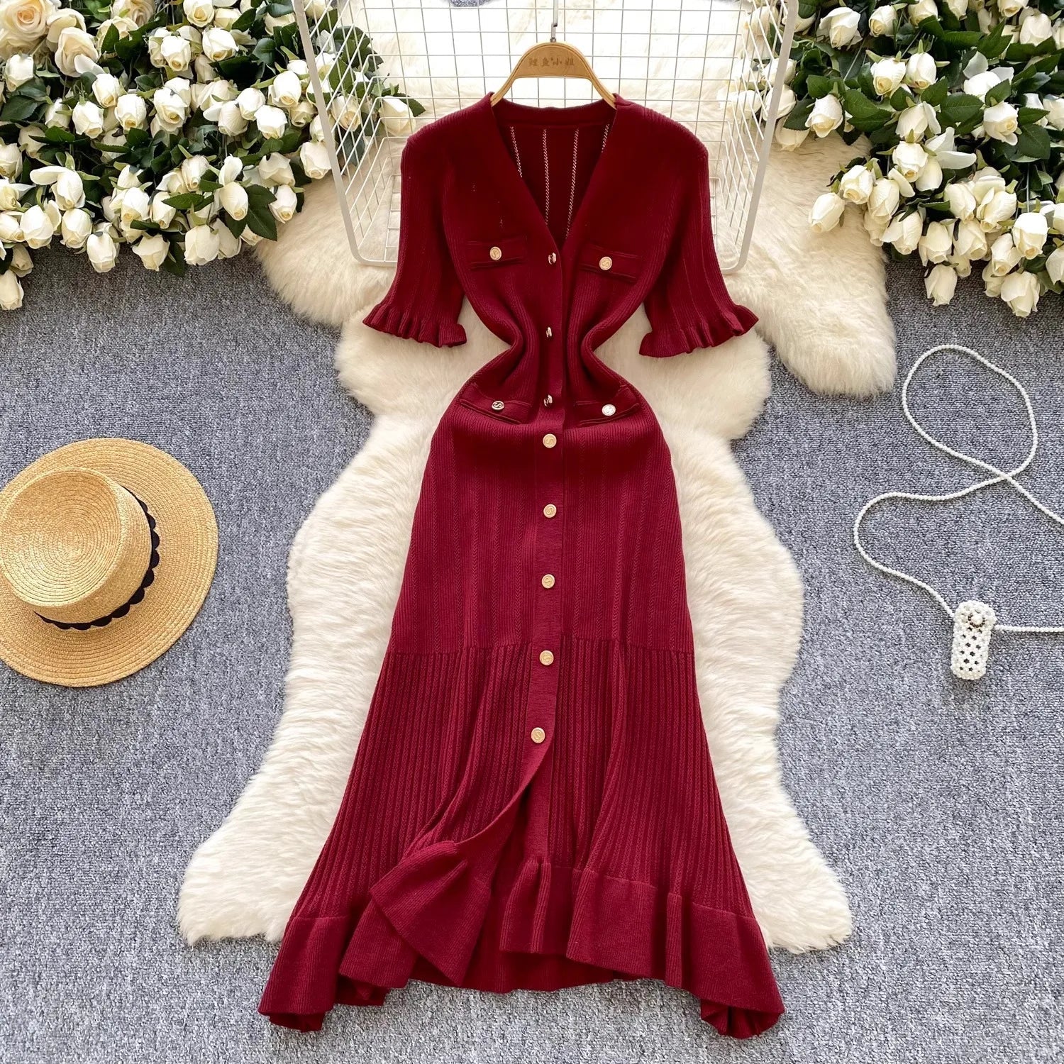 Brand Fashion Vintage Knitted Long Dress Spring Summer Women Elegant V-neck Ruffled Bodycon Sweater Dress Party Vestido
