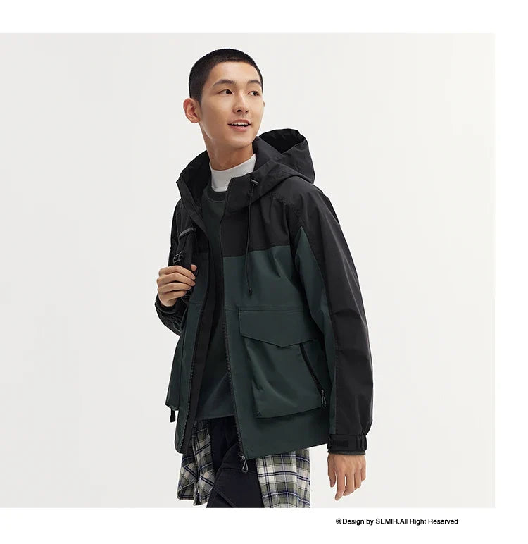 Three-proof Jacket Men Autumn Outdoor Color Block Hooded Windbreaker Large Pocket Workwear Trendy Coat