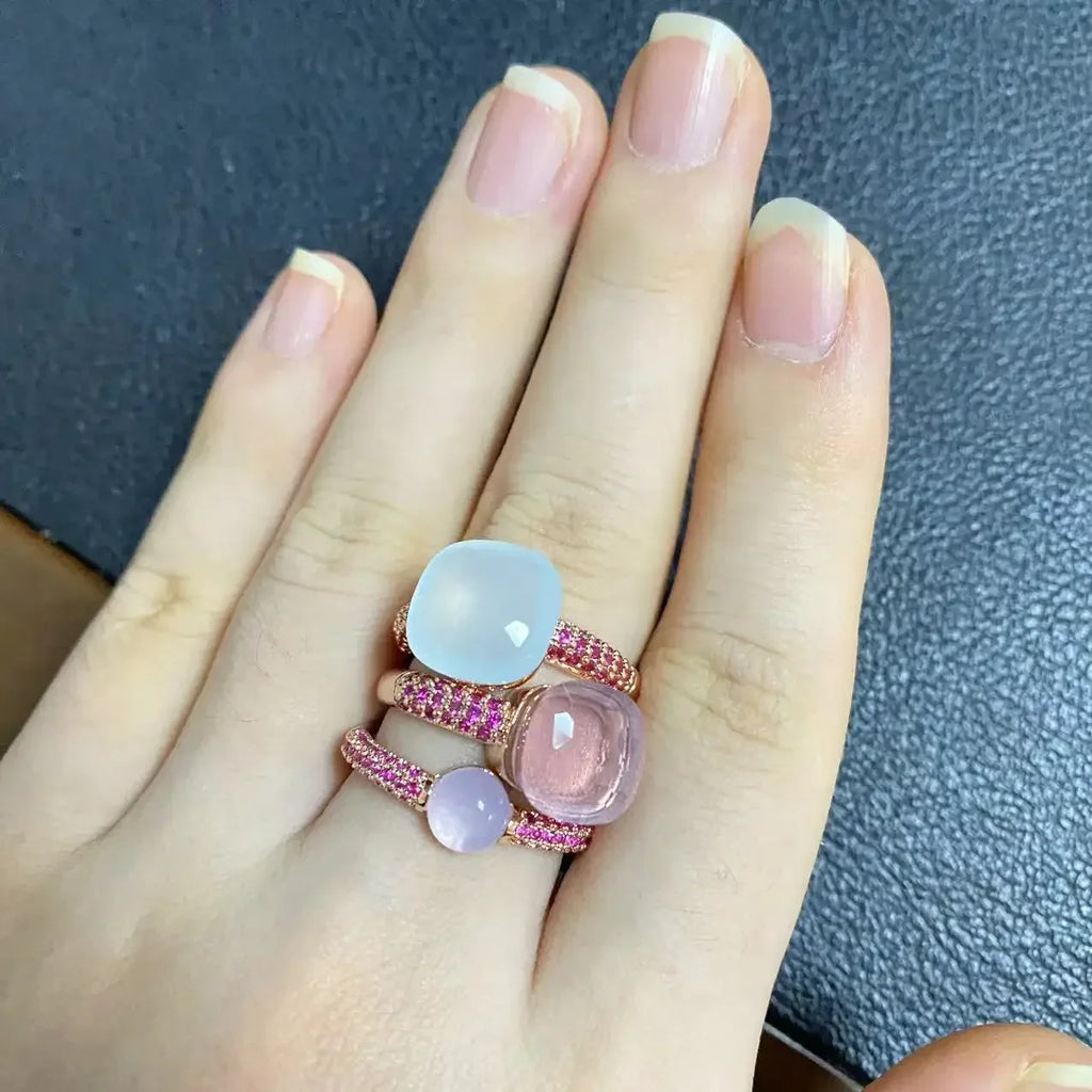 3Pcs/Set Nudo Ring Stacking Set for Women Mix Color Candy Crystal Inlay Zircon Amethyst Blue Topaz Round Jewelry Gift