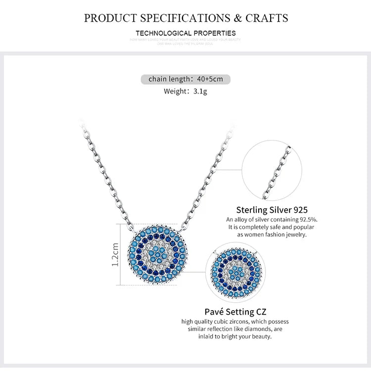Authentic 925 Sterling Silver Blue Evil Eyes Necklace Women Lucky Pendant Necklaces Fashion Jewelry SCN099
