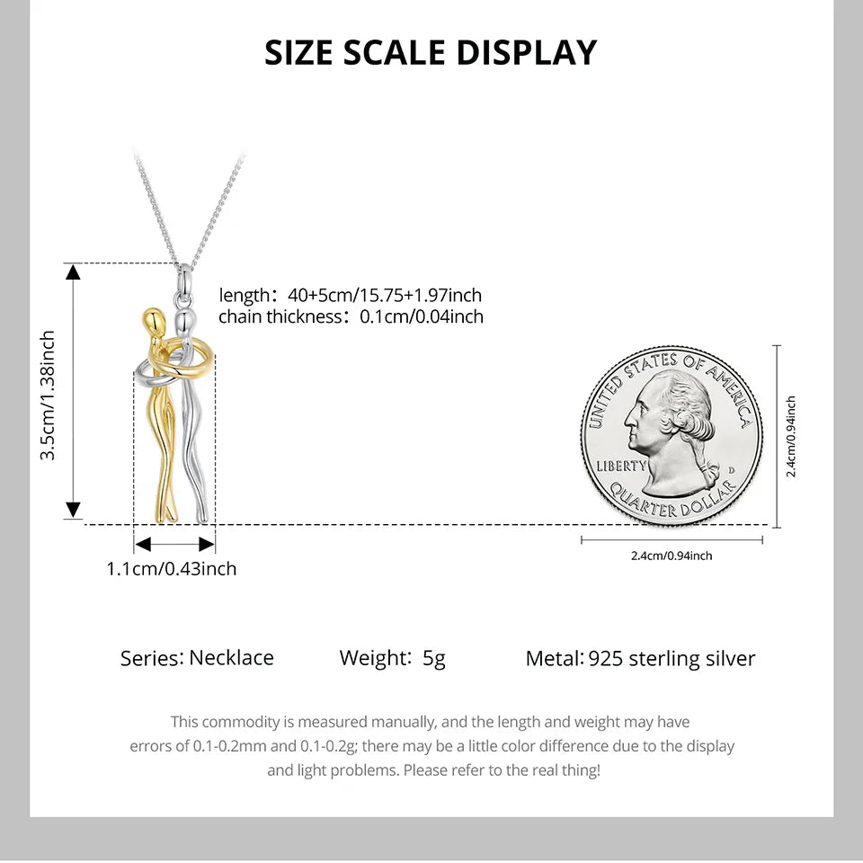 925 Sterling Silver Two-tones Hug Necklace, Detachable Sweet Love Pendant with O-chain for Women Men DIY Couple Necklaces