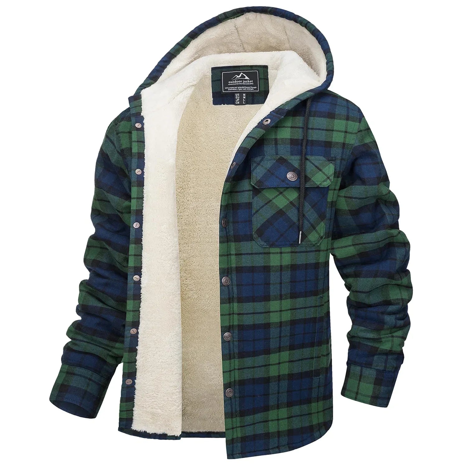 Sherpa Lined Flannel Jacket Mens Heavyweight Hooded Fleece Jacket Thicken Warm Button Down Plaid Jacket Outwear Coats