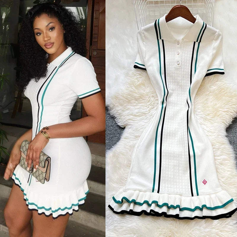 Brand Fashion Women Knitted Mini Dress Ins Hot Sexy Package Hips Ruffled Party Dress Streetwear Lady Outfits Vestidos