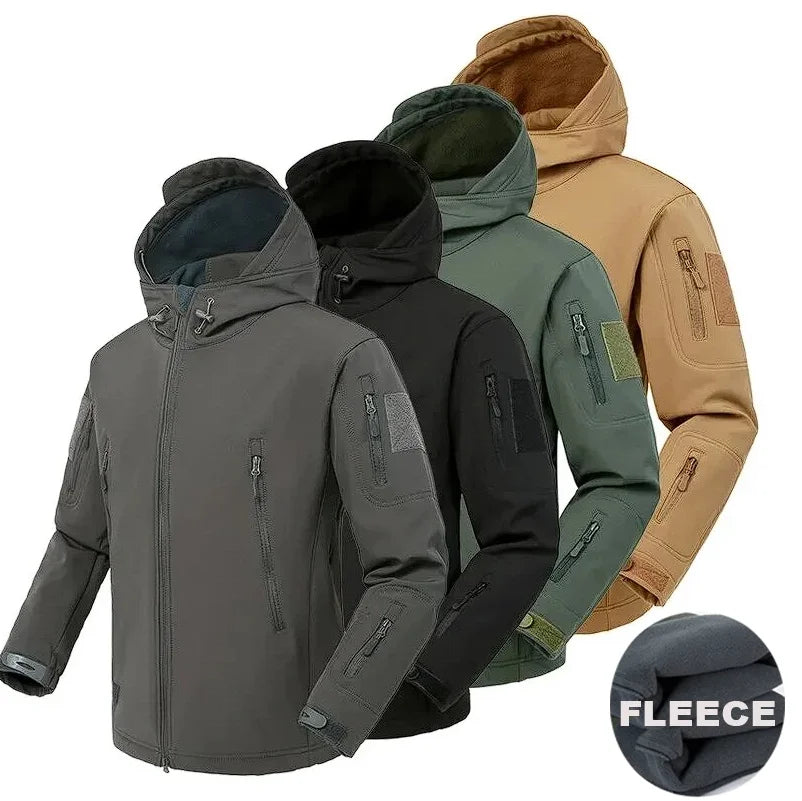 Mens Winter Autumn Warm Cargo Fleece Jackets Sharkskin Military Hood Windproof Outdoor Coats Hiking Camping Climbing Tactical