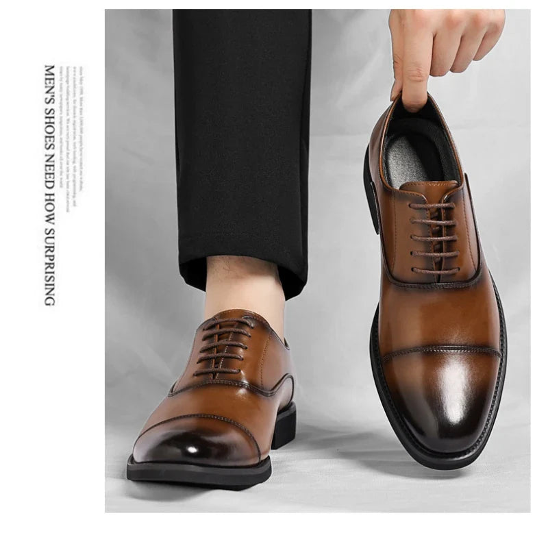 Mens Brown Gradient Leather Cap Toe Oxford Dress Shoes Lace Up Formal Business Office Work Daily Wear Comfortable Non Slip Shoes