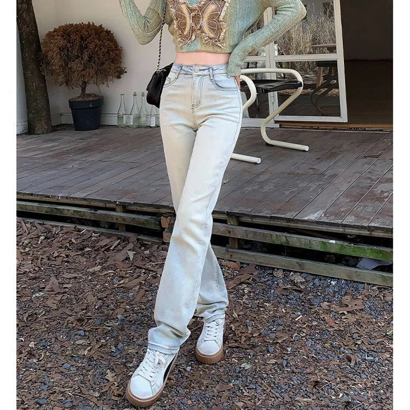 Women Korean Thin Straight Leg Jeans Pants