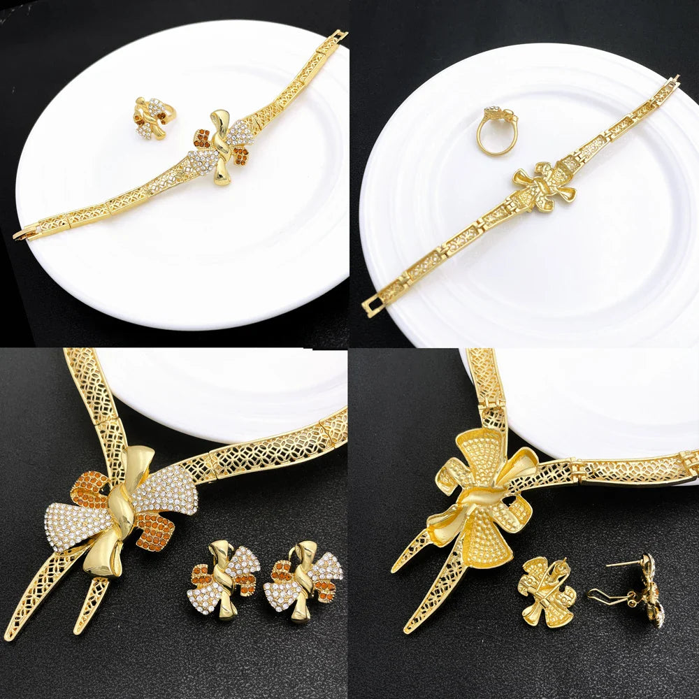 Italy 18k Gold Plated Women Jewelry Set Classic Design Bowknot Necklace Earring Bracelet And Ring 4PCS Set Jewelry Wedding Party