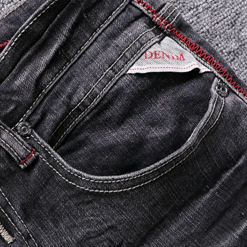 Men Jeans Retro Black Gray Elastic Slim Ripped Jeans