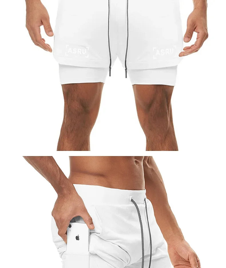 Men's 2 in 1 Double-deck Gym Shorts Quick Dry Summer Running Workout Shorts Zipper Pockets Slim Fit Fitness Training Short Pants