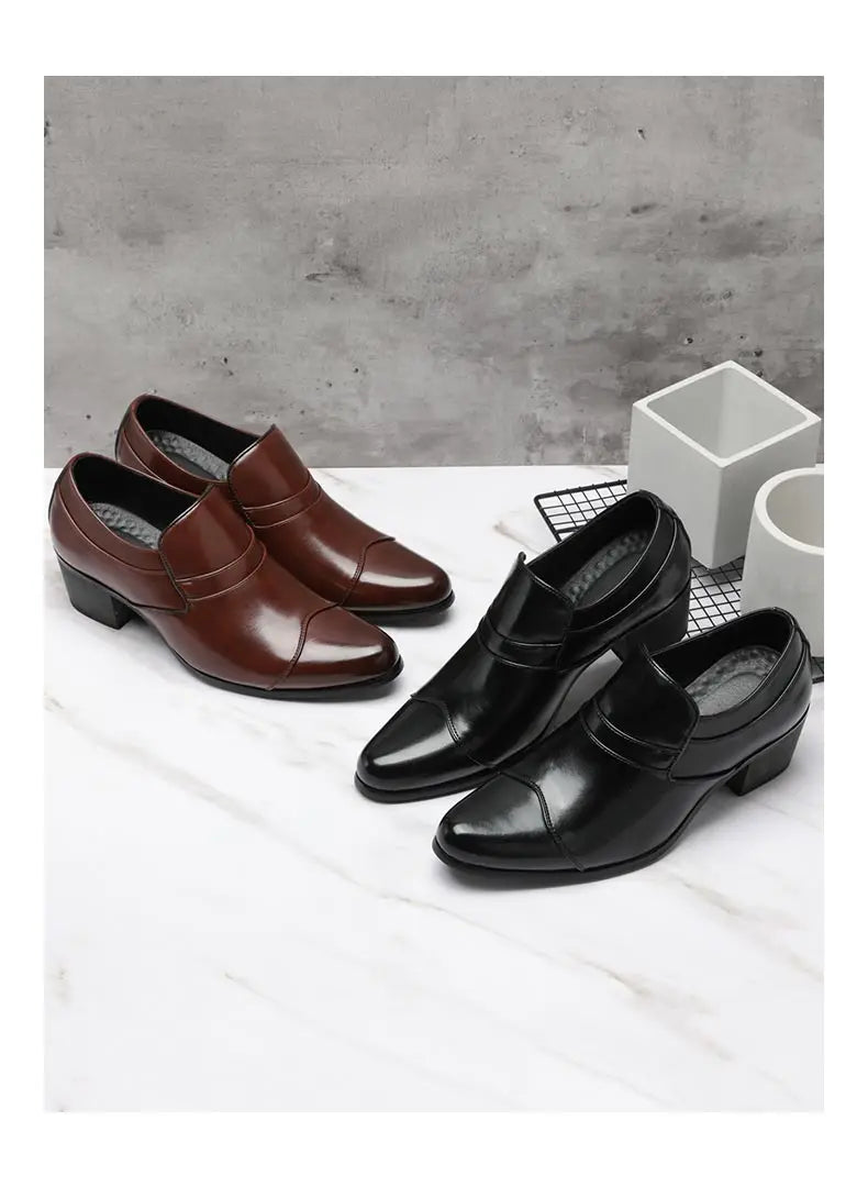 Premium Leather Men Shoes Slip On Loafers European Brand Business Casual Wedding Party Plaid Design Height Increasing