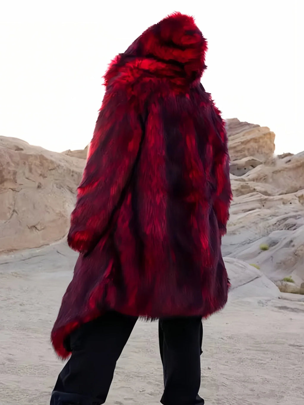 Autumn/Winter Long Warm Fluffy Faux Fur Coat Red Men's Long Sleeve High Quality Luxury Fluffy Coat