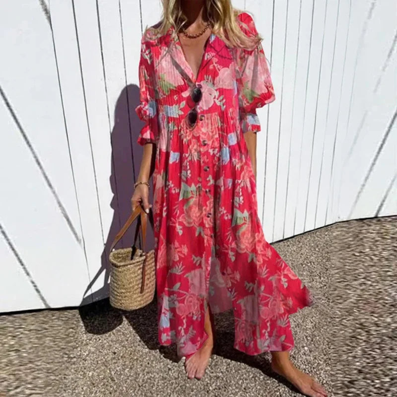 Women's Elegant Plus Size Pleated Short Sleeve V Neck Long Dresses Sweet Style High Waist Printed Dress Female Casual Loose Gown