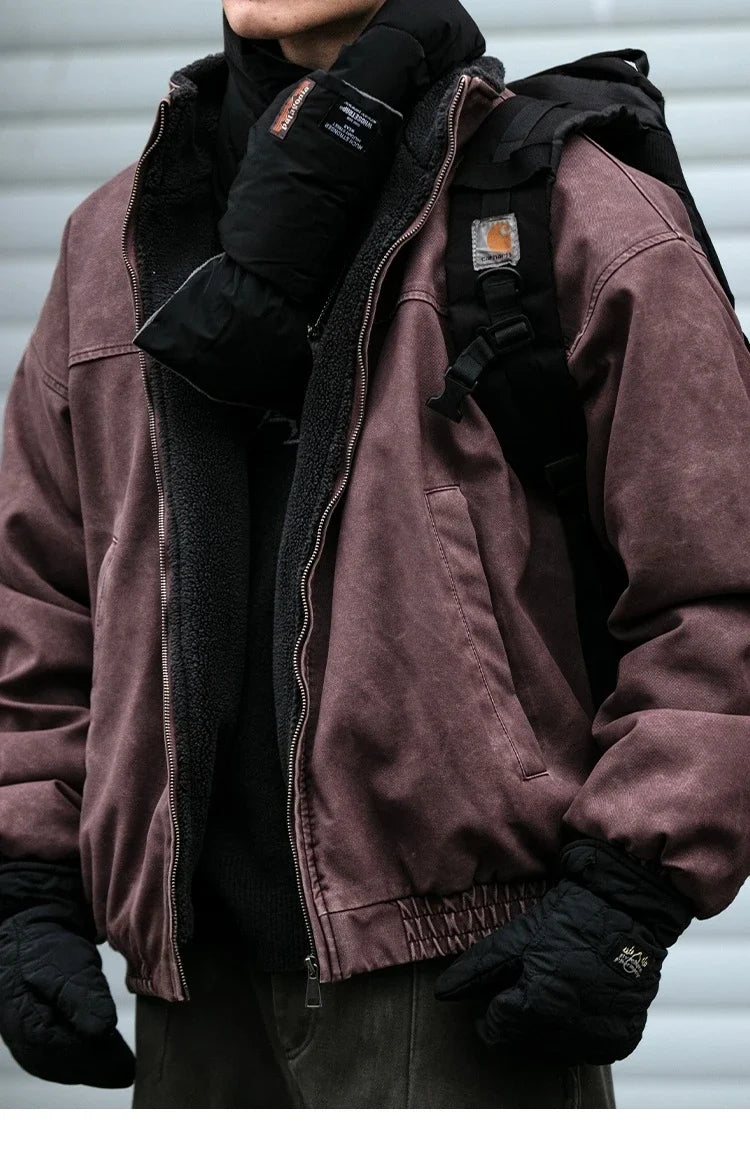 Winter Heavyweight Mens Jacket Japanese Vintage PU Coated Windproof Thick Fleece Lined Warm Distressed Streetwear Long Coat Male