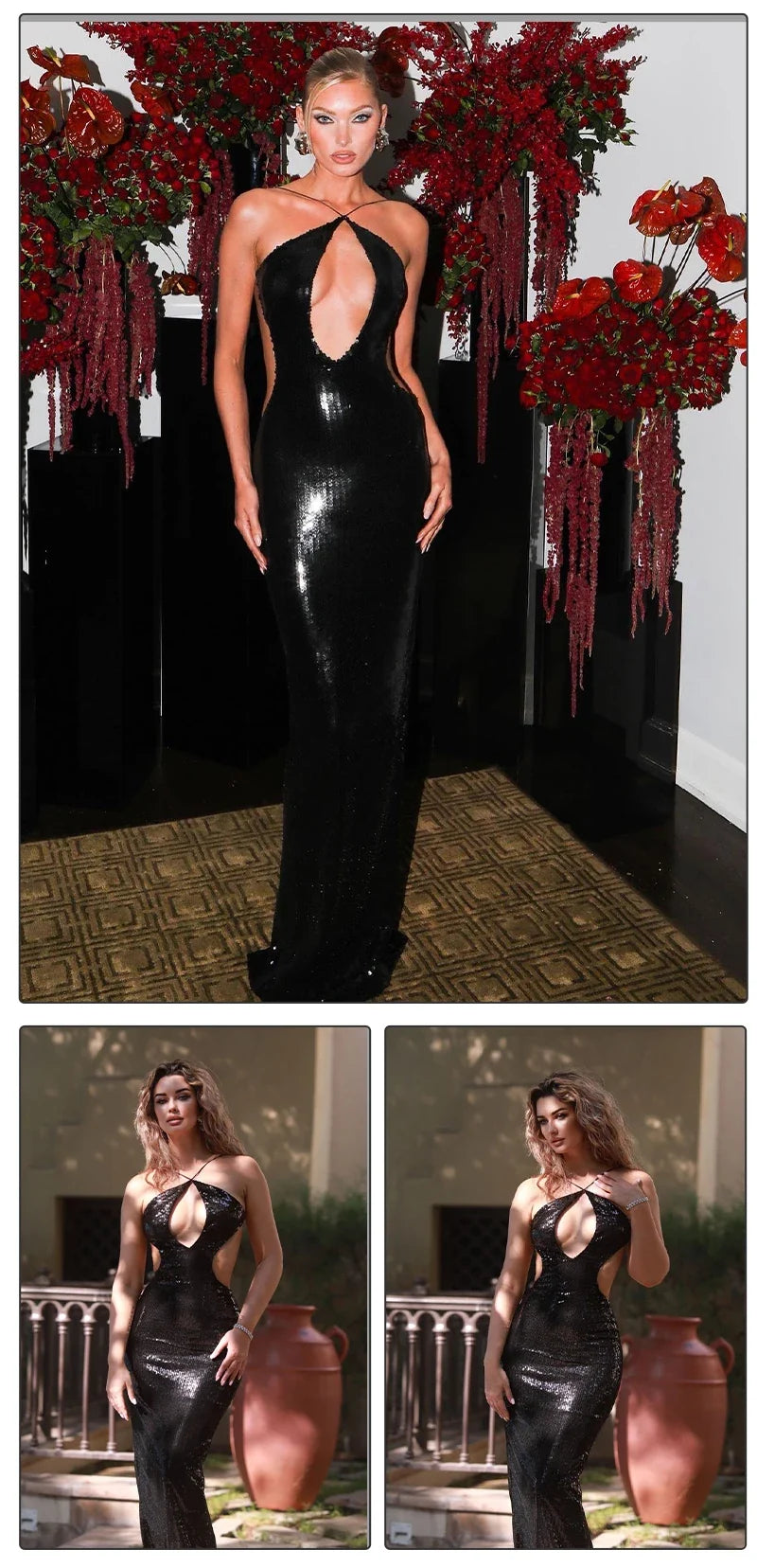 VC Women'S Gold Sequins Luxury Party Gown Sexy Backless  Long Dress For Wedding Banquet Party Female Clothing