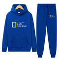 Autumn Men Gray Blue Casual 2PC Sets Trend Hoodie Tops Slim Pants Warm Sweatshirts Street Fashion Concise Printed Sports Suit