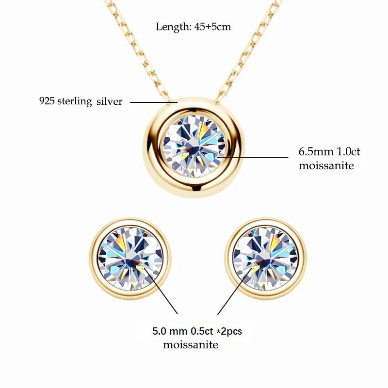 Real 3ctw. D Color Moissanite Jewelry Set 925 Silver 18k Gold Plated Pendant Necklace Stud Earrings Set for Women Men Gift
