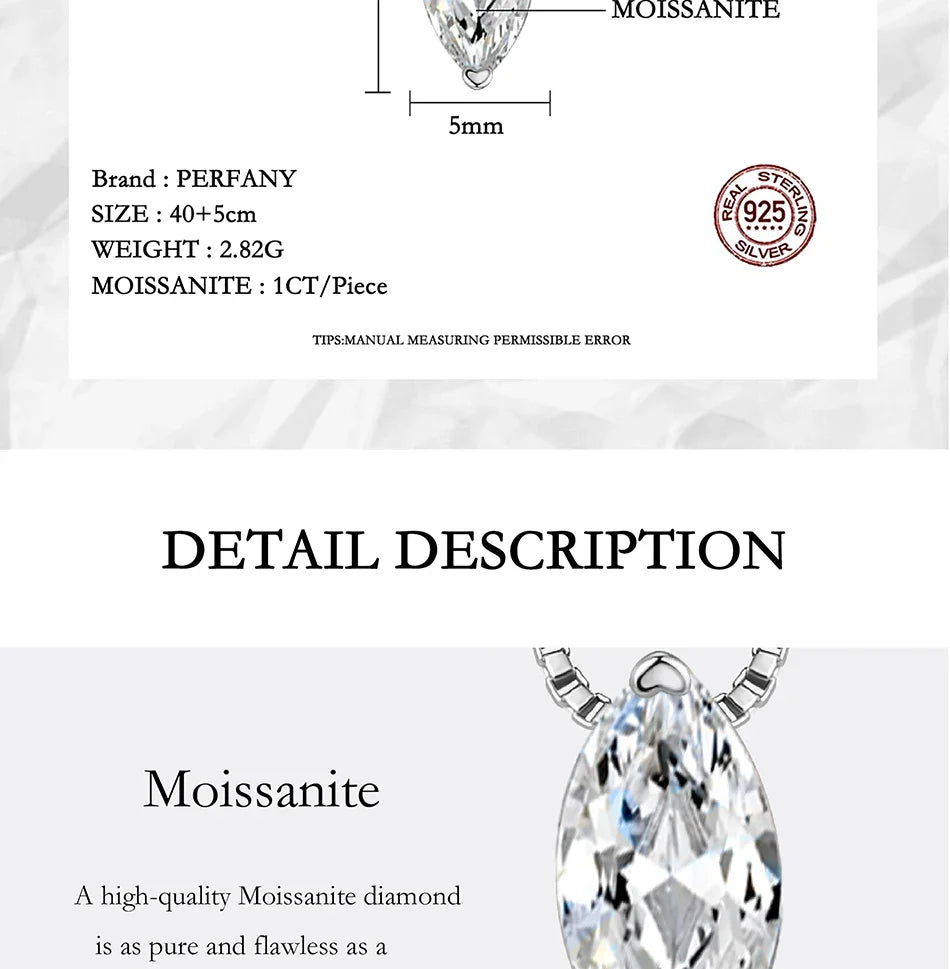 1CT Marquis Cut Moissanite Necklace for Women S925 Pure Silver Water Droplet Diamond Pendant Fashion Party Jewelry