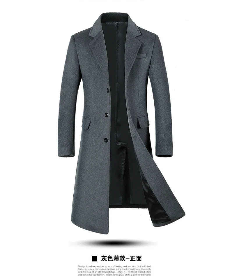 Men's High-Quality Autumn Winter Wool Coat Long Fashion Trench Coat Over-the-Knee Thick Cotton M-4XL