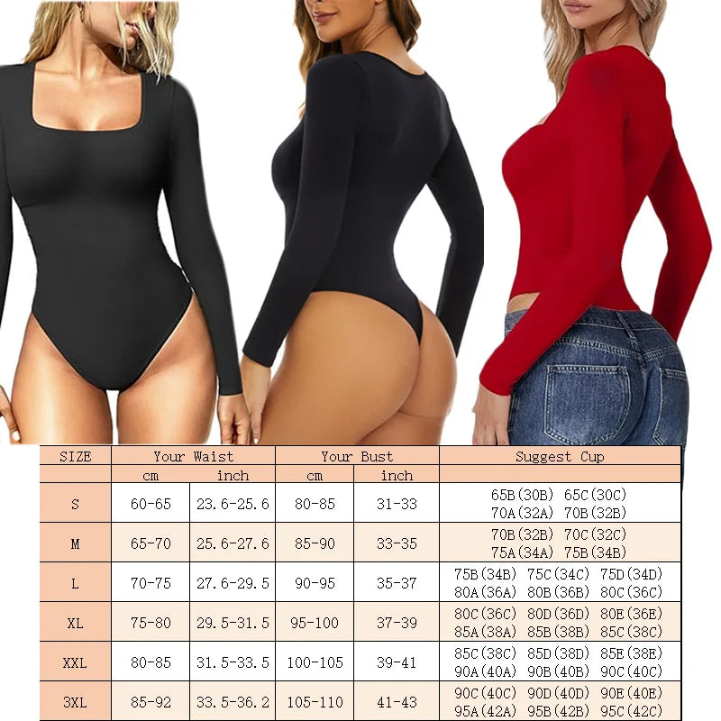 GUUDIA Spandex Elastic Body Suit Shapewear Women Body Shaper Tummy Control Long Sleeve Open Crotch Big U Neck Seamless Shapers