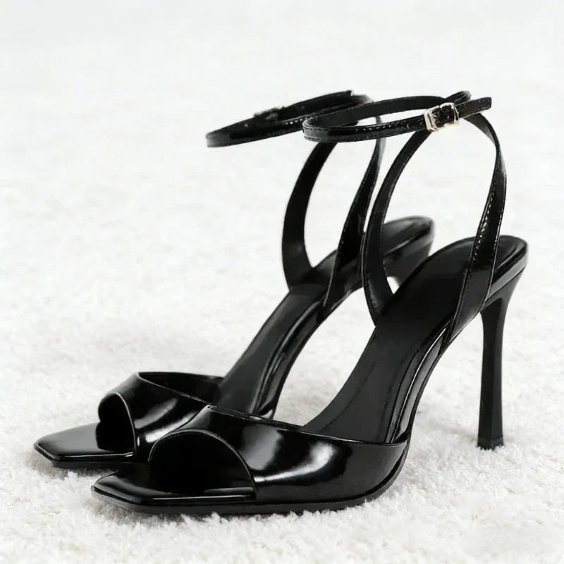 Designer Patent Leather Ankle Strap Buckle Heeled Sandals Women Sexy Square Toe Peep Toe High Heels Summer Elegant Office Shoes