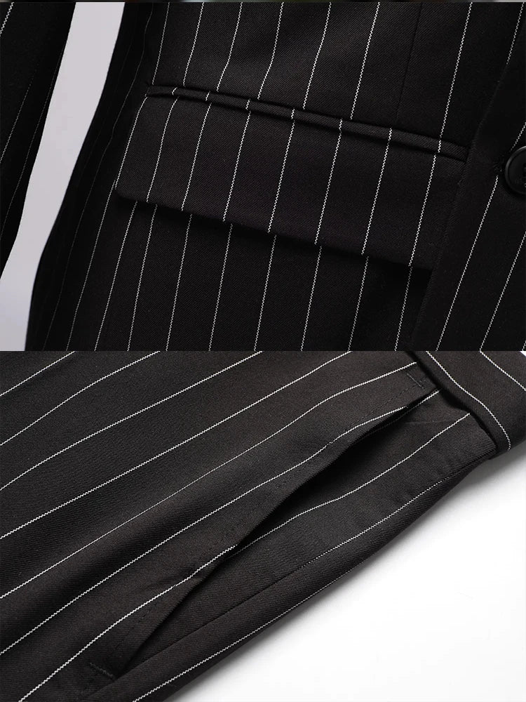 Men's Pinstripe Suit Set Classic Double Breasted Peak Lapel Slim Fit 2 Piece Blazer Pants For Business Formal Wedding