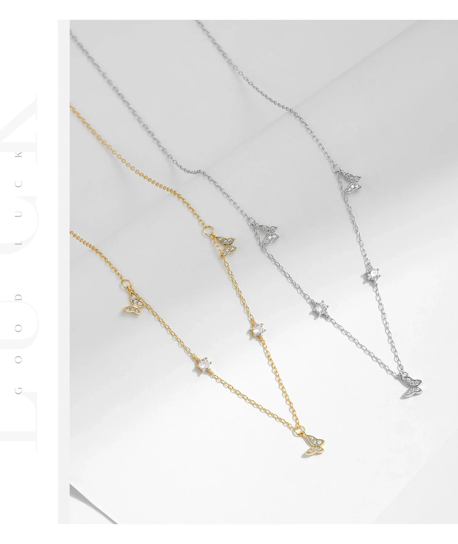 Flying Butterfly CZ Necklace 925 Sterling Silver Simple Link Chain Charms White Gold Plated Necklaces For Women Jewelry