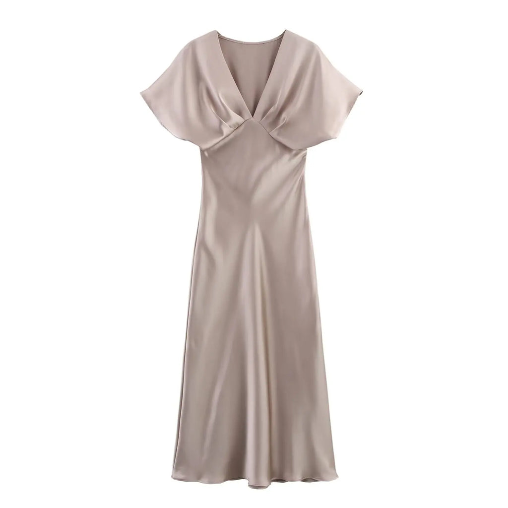 Women Elegant Solid Satin Dress Sexy V Neck Short Sleeve Midi Dress 2025 New Fashion Summer Lady Holidays Party Dress