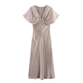 Women Elegant Solid Satin Dress Sexy V Neck Short Sleeve Midi Dress 2025 New Fashion Summer Lady Holidays Party Dress