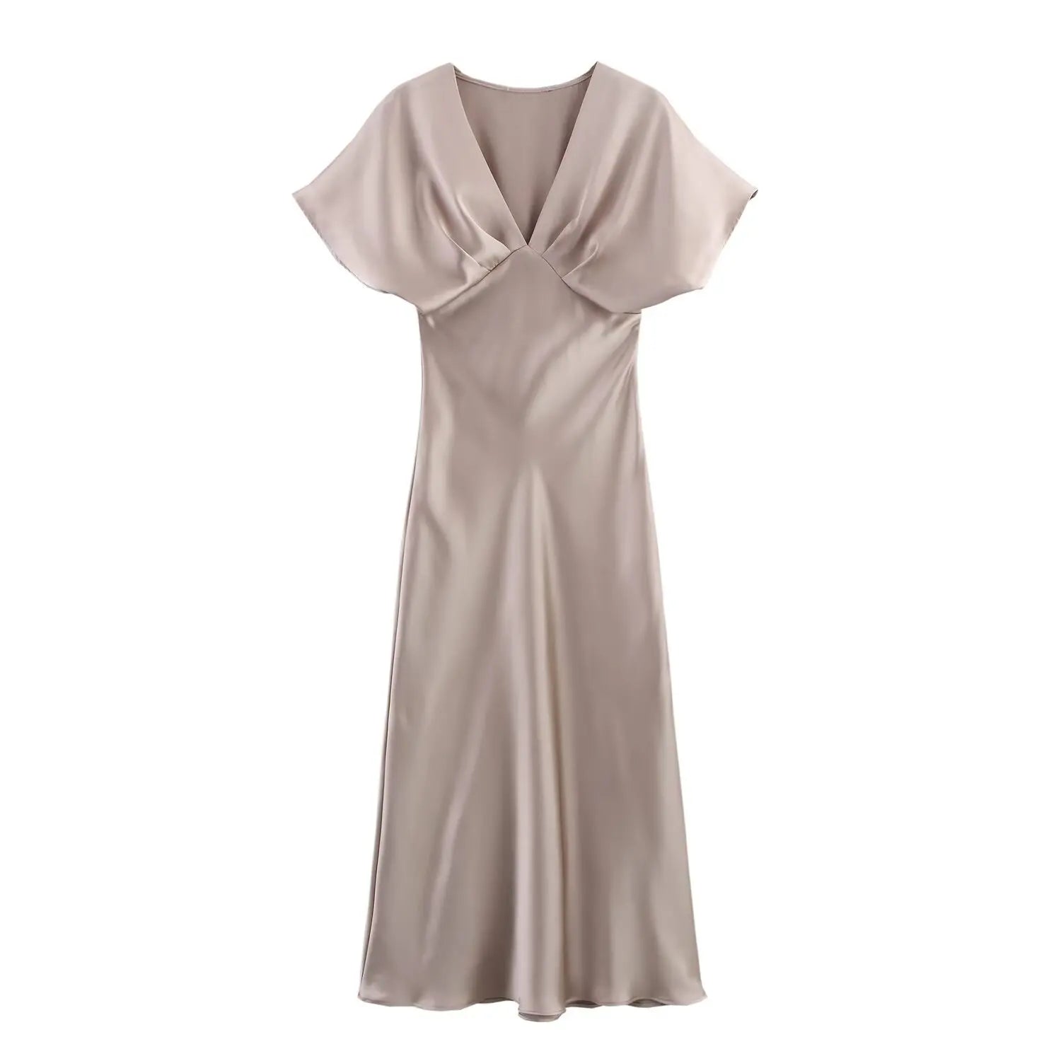 Women Elegant Solid Satin Dress Sexy V Neck Short Sleeve Midi Dress 2025 New Fashion Summer Lady Holidays Party Dress